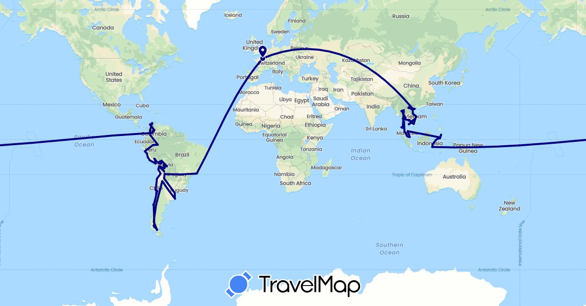 TravelMap itinerary: driving in Argentina, Bolivia, Brazil, Chile, Colombia, France, Indonesia, Cambodia, Malaysia, Peru, Thailand, Vietnam (Asia, Europe, South America)